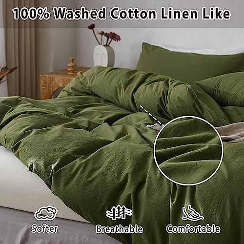 TOCOMOA Duvet Cover Set Queen Size, 100% Washed Cotton Like Linen Textured, 3 Piece Olive Green Bedding Set Soft Breathable, Ideal for Sweating Groups, Simple Style Farmhouse Comforter Cover