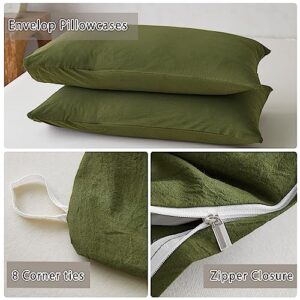 TOCOMOA Duvet Cover Set Queen Size, 100% Washed Cotton Like Linen Textured, 3 Piece Olive Green Bedding Set Soft Breathable, Ideal for Sweating Groups, Simple Style Farmhouse Comforter Cover