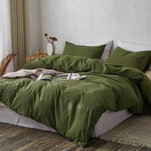 TOCOMOA Duvet Cover Set Queen Size, 100% Washed Cotton Like Linen Textured, 3 Piece Olive Green Bedding Set Soft Breathable, Ideal for Sweating Groups, Simple Style Farmhouse Comforter Cover