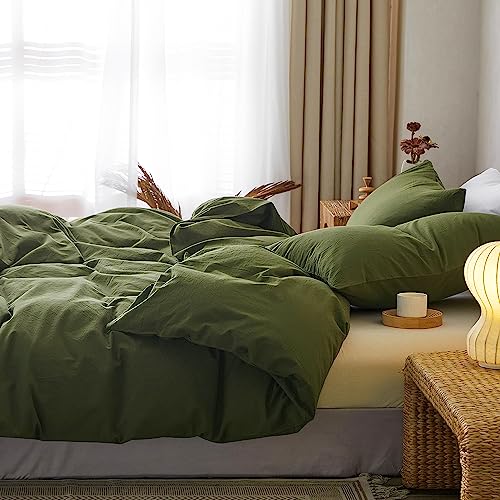 TOCOMOA Duvet Cover Set Queen Size, 100% Washed Cotton Like Linen Textured, 3 Piece Olive Green Bedding Set Soft Breathable, Ideal for Sweating Groups, Simple Style Farmhouse Comforter Cover