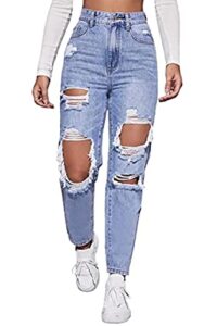 linumin women's high waist straight leg ripped jeans distressed denim pants (blue, xl)