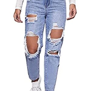 LINUMIN Women's High Waist Straight Leg Ripped Jeans Distressed Denim Pants (Blue, XL)