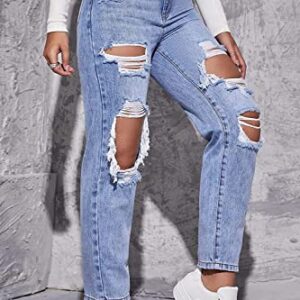 LINUMIN Women's High Waist Straight Leg Ripped Jeans Distressed Denim Pants (Blue, XL)