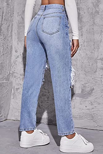 LINUMIN Women's High Waist Straight Leg Ripped Jeans Distressed Denim Pants (Blue, XL)