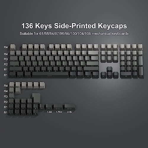 PBT Keycaps - Side Printed Keycap Set, Double Shot Shine Through Custom Keycaps, Gradient Gray Keycaps OEM Profile 136 Keys, Minimalist Style Phantom Keyboard Keycap for Mechanical Keyboards