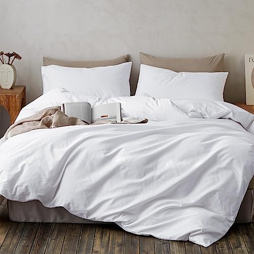 TOCOMOA Duvet Cover Set Queen Size, 100% Washed Cotton Like Linen Textured, 3 Piece White Bedding Set Soft Breathable, Ideal for Sweating Groups, Simple Style Farmhouse Comforter Cover