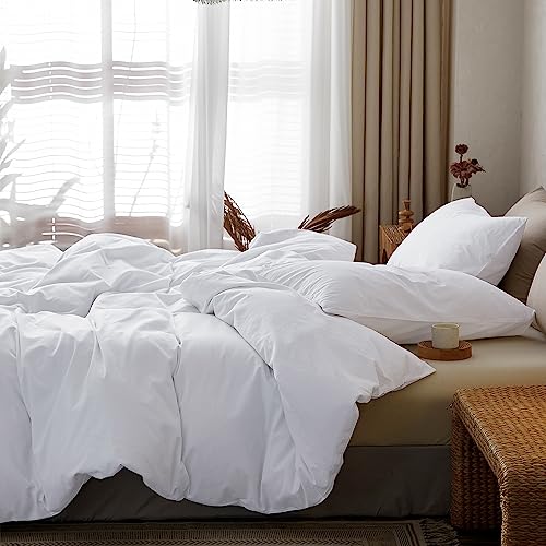 TOCOMOA Duvet Cover Set Queen Size, 100% Washed Cotton Like Linen Textured, 3 Piece White Bedding Set Soft Breathable, Ideal for Sweating Groups, Simple Style Farmhouse Comforter Cover