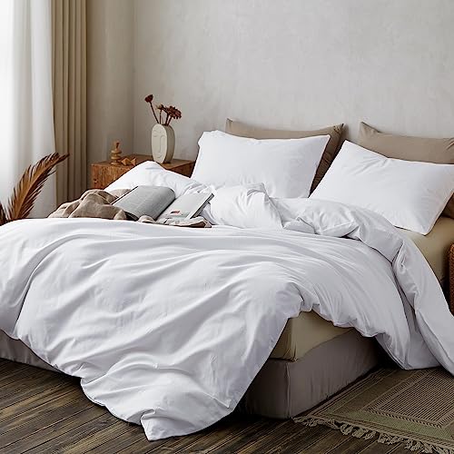 TOCOMOA Duvet Cover Set Queen Size, 100% Washed Cotton Like Linen Textured, 3 Piece White Bedding Set Soft Breathable, Ideal for Sweating Groups, Simple Style Farmhouse Comforter Cover