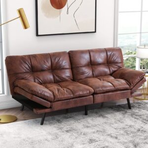 iululu futon sofa bed 71 inch 3-seater modern faux leather couch, convertible sleeper with adjustable armrests for studio, apartment, office, small space, compact living room, mid-brown