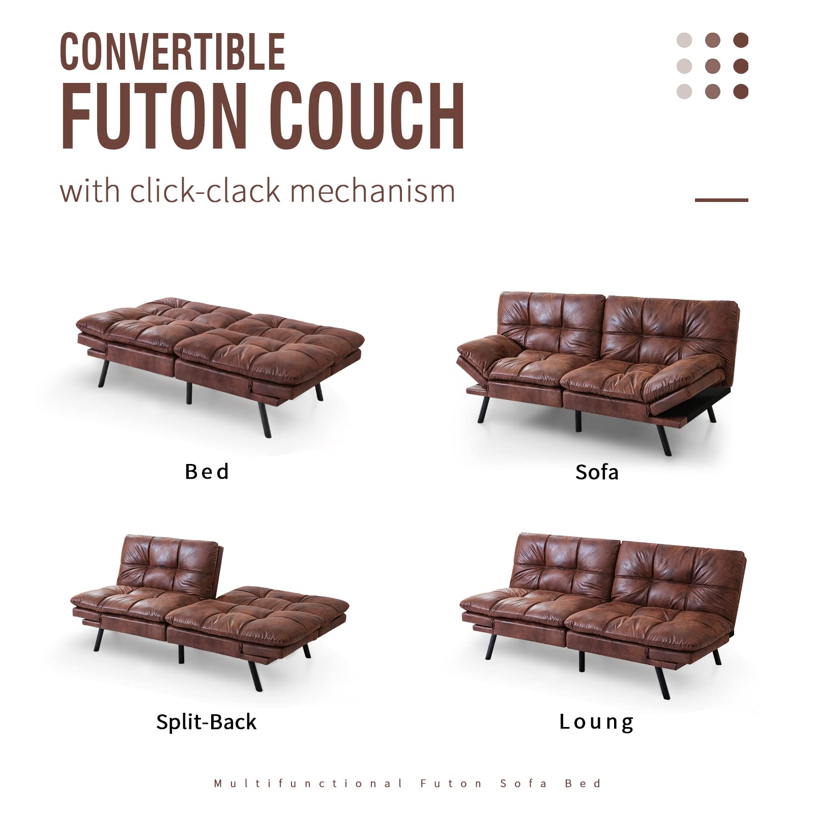 IULULU Futon Sofa Bed 71 Inch 3-Seater Modern Faux Leather Couch, Convertible Sleeper with Adjustable Armrests for Studio, Apartment, Office, Small Space, Compact Living Room, Mid-Brown