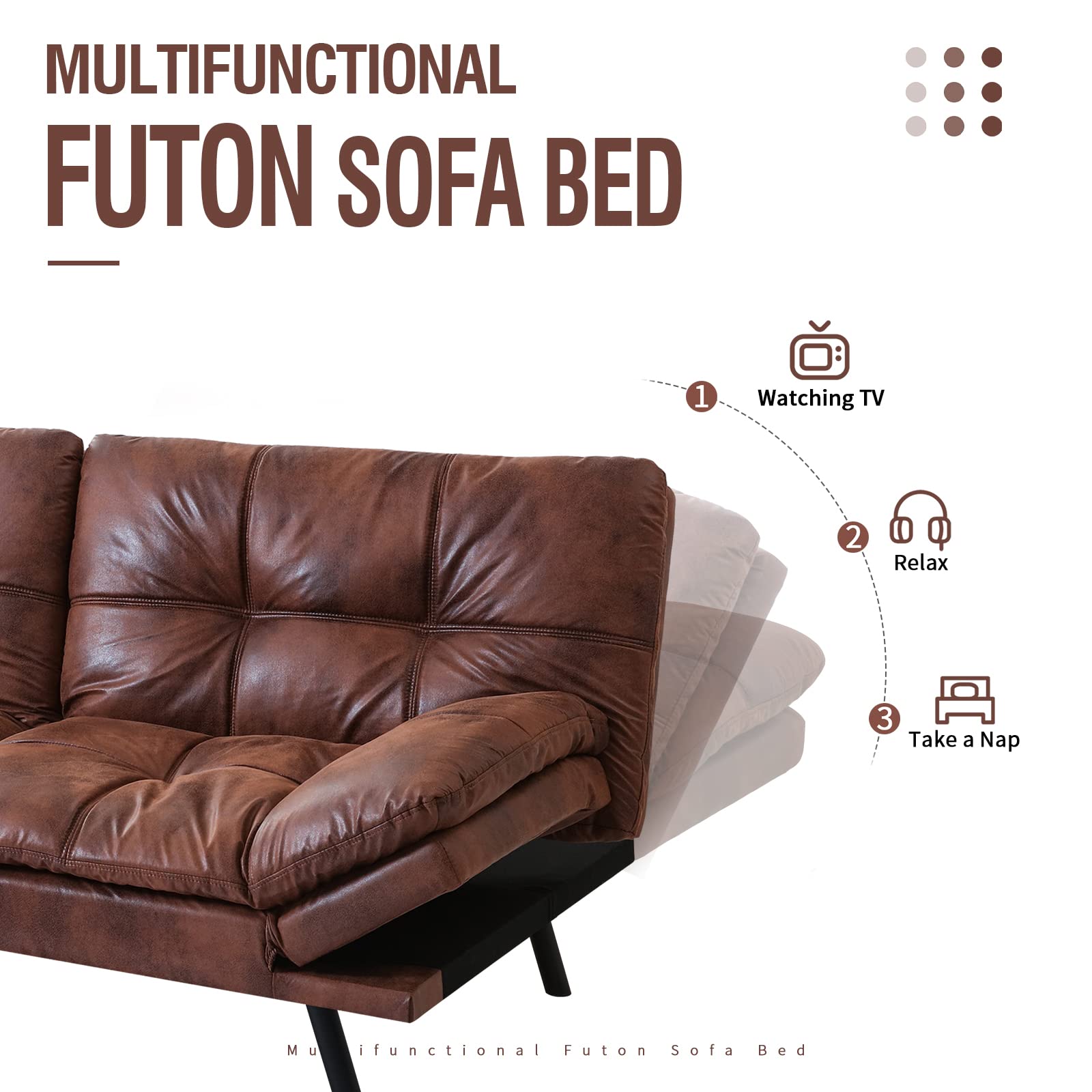 IULULU Futon Sofa Bed 71 Inch 3-Seater Modern Faux Leather Couch, Convertible Sleeper with Adjustable Armrests for Studio, Apartment, Office, Small Space, Compact Living Room, Mid-Brown