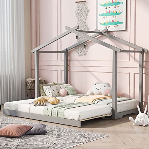 DHHU Wooden Bed Frame, Twin XL/King Size House Platform Bed with Trundle, Roof Design for Adults, Kids, No Spring Box Required, Bedroom Furniture, Gray