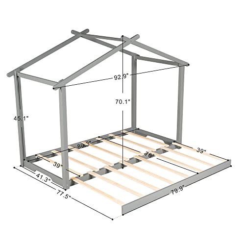 DHHU Wooden Bed Frame, Twin XL/King Size House Platform Bed with Trundle, Roof Design for Adults, Kids, No Spring Box Required, Bedroom Furniture, Gray