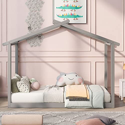 DHHU Wooden Bed Frame, Twin XL/King Size House Platform Bed with Trundle, Roof Design for Adults, Kids, No Spring Box Required, Bedroom Furniture, Gray