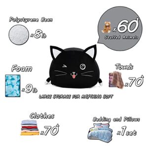 Black Cute Cat Toy Organizers Stuffed Animal Storage Bean Bag Chair for Boys and Girls, Home Game & Recreation Room Kids Furniture Beanbags