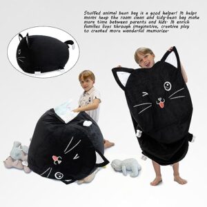 Black Cute Cat Toy Organizers Stuffed Animal Storage Bean Bag Chair for Boys and Girls, Home Game & Recreation Room Kids Furniture Beanbags