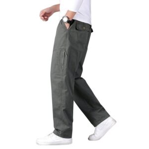 Cekaso Men's Cargo Pants Work Drawstring Cotton Casual Pant Hiking Relaxed Fit Straight Trousers with 6 Pockets, Army Green, Tagsize 5XL=USsize 3XL