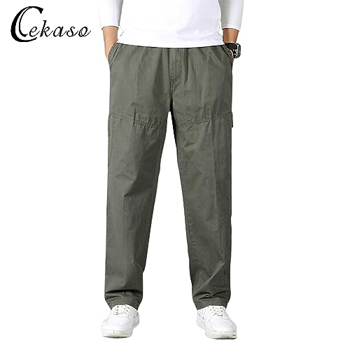 Cekaso Men's Cargo Pants Work Drawstring Cotton Casual Pant Hiking Relaxed Fit Straight Trousers with 6 Pockets, Army Green, Tagsize 5XL=USsize 3XL