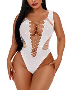 avidlove white rhinestone bodysuit sparkle bodysuit fishnet lingerie for women sexy mesh body suit teddy lingerie