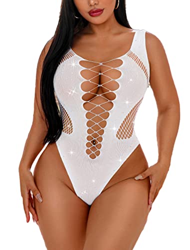 Avidlove White Rhinestone Bodysuit Sparkle Bodysuit Fishnet Lingerie for Women Sexy Mesh Body Suit Teddy Lingerie