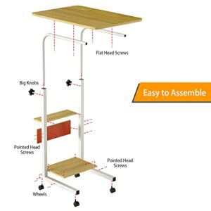 TeqHome C Shaped End Table, Height Adjustable C Side Table with Metal Frame, 4 Wheels and Storage Shelves, Rustic Snack TV Tray Table for Couch, Bed, Sofa, Living Room, Bedroom (Wood Color)