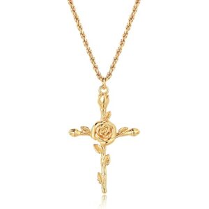 gdcoin birth flower necklace for women 18k gold plated cross floral pendant necklaces dainty 12 month birth month flower necklace personalized jewelry gift for her(june-rose)