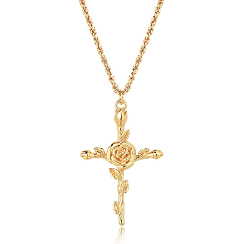 GDCOIN Birth Flower Necklace for Women 18K Gold Plated Cross Floral Pendant Necklaces Dainty 12 Month Birth Month Flower Necklace Personalized Jewelry Gift for Her(June-Rose)