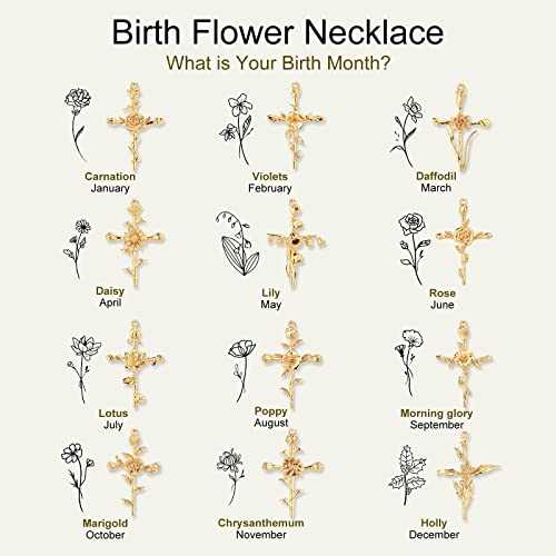 GDCOIN Birth Flower Necklace for Women 18K Gold Plated Cross Floral Pendant Necklaces Dainty 12 Month Birth Month Flower Necklace Personalized Jewelry Gift for Her(June-Rose)