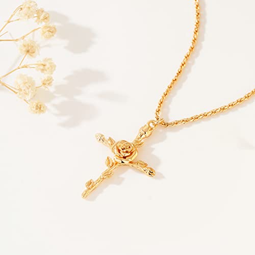 GDCOIN Birth Flower Necklace for Women 18K Gold Plated Cross Floral Pendant Necklaces Dainty 12 Month Birth Month Flower Necklace Personalized Jewelry Gift for Her(June-Rose)