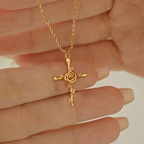 GDCOIN Birth Flower Necklace for Women 18K Gold Plated Cross Floral Pendant Necklaces Dainty 12 Month Birth Month Flower Necklace Personalized Jewelry Gift for Her(June-Rose)