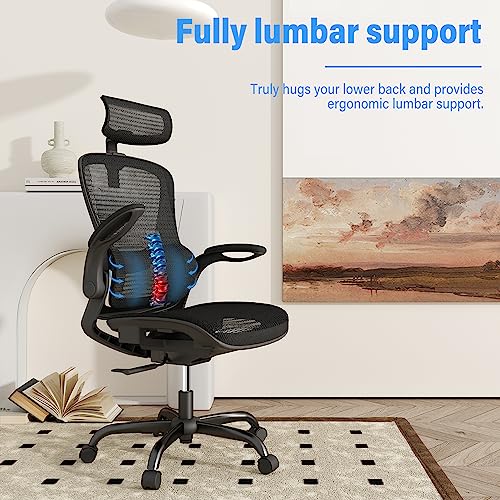 GABRYLLY Ergonomic Office Desk Chair, High Back Mesh Chair with Adjustable Flip-up Arms & Headrest, Swivel Computer Task Chair with Lumbar Support, Tilt Function for Home,Office & Student(Black)