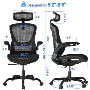 GABRYLLY Ergonomic Office Desk Chair, High Back Mesh Chair with Adjustable Flip-up Arms & Headrest, Swivel Computer Task Chair with Lumbar Support, Tilt Function for Home,Office & Student(Black)