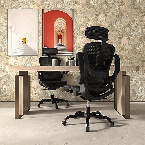 GABRYLLY Ergonomic Office Desk Chair, High Back Mesh Chair with Adjustable Flip-up Arms & Headrest, Swivel Computer Task Chair with Lumbar Support, Tilt Function for Home,Office & Student(Black)