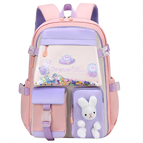 Nzahdwu Kawaii Backpack Girls, Cute Bunny Backpacks,Cartoon Large Capacity Waterproof Backpack Multifunction Laptop Travel Bag for Teens (Pink-17.7in)