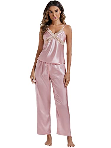 LYANER Women's Satin Silk Pajamas Set V Neck lace Trim Cami Top and Pants Sleepwear Pjs Set Pink Medium