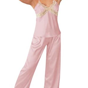 LYANER Women's Satin Silk Pajamas Set V Neck lace Trim Cami Top and Pants Sleepwear Pjs Set Pink Medium