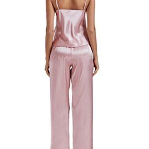 LYANER Women's Satin Silk Pajamas Set V Neck lace Trim Cami Top and Pants Sleepwear Pjs Set Pink Medium