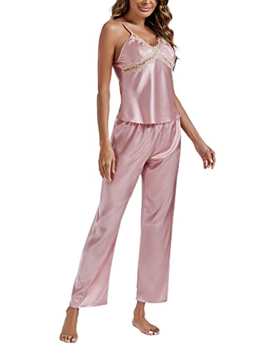 LYANER Women's Satin Silk Pajamas Set V Neck lace Trim Cami Top and Pants Sleepwear Pjs Set Pink Medium