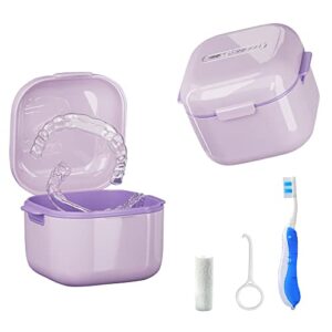 denture cup bath，portable denture case with strainer basket，braces false teeth storage box holder，retainer case cleaning，soak cup，with braces chewable tablets and extractor（purple）…