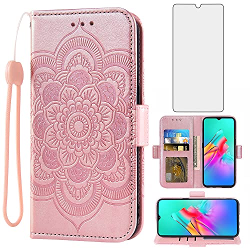 Asuwish Phone Case for Infinix Smart 5/Hot 10 Lite Wallet Cover with Tempered Glass Screen Protector and Leather Flip Credit Card Holder Stand Flower Folio Cell Accessories X657B Women Men Rose Gold