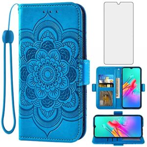 asuwish phone case for infinix smart 5/hot 10 lite wallet cover with tempered glass screen protector and leather flip credit card holder stand flower folio purse cell accessories x657b women men blue
