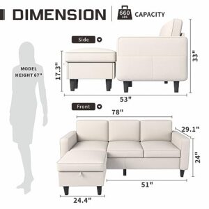 Youmumeub Convertible Sectional Sofa Couch, L-Shaped Couch 3-Seat Sofa with Storage Reversible Chaise, Sectional Couches for Living Room, Apartment and Small Space (Beige)