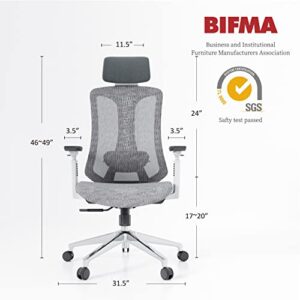 Logicfox Ergonomic Mesh Office Chair, Computer Desk Chair with 3D Armrests, Adjustable Lumbar Cushion & Adjustable Headrest, White High Back Home Desk Chair with Tilt Function, Mesh Backrest & Seat