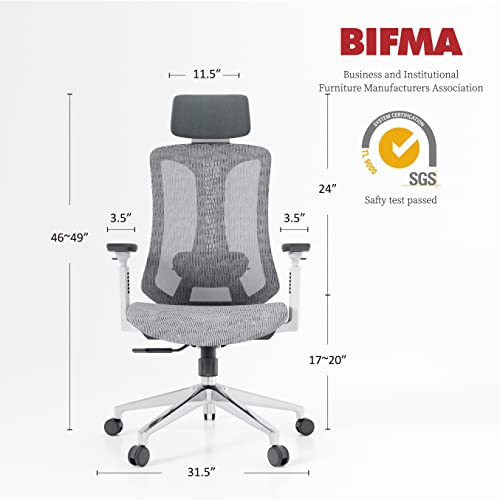 Logicfox Ergonomic Mesh Office Chair, Computer Desk Chair with 3D Armrests, Adjustable Lumbar Cushion & Adjustable Headrest, White High Back Home Desk Chair with Tilt Function, Mesh Backrest & Seat