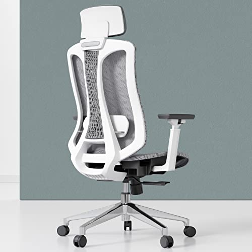 Logicfox Ergonomic Mesh Office Chair, Computer Desk Chair with 3D Armrests, Adjustable Lumbar Cushion & Adjustable Headrest, White High Back Home Desk Chair with Tilt Function, Mesh Backrest & Seat