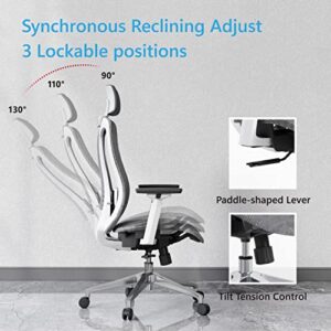 Logicfox Ergonomic Mesh Office Chair, Computer Desk Chair with 3D Armrests, Adjustable Lumbar Cushion & Adjustable Headrest, White High Back Home Desk Chair with Tilt Function, Mesh Backrest & Seat