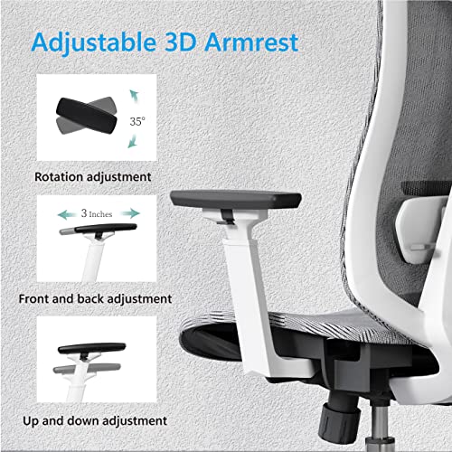 Logicfox Ergonomic Mesh Office Chair, Computer Desk Chair with 3D Armrests, Adjustable Lumbar Cushion & Adjustable Headrest, White High Back Home Desk Chair with Tilt Function, Mesh Backrest & Seat