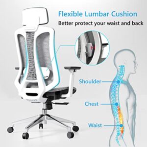 Logicfox Ergonomic Mesh Office Chair, Computer Desk Chair with 3D Armrests, Adjustable Lumbar Cushion & Adjustable Headrest, White High Back Home Desk Chair with Tilt Function, Mesh Backrest & Seat