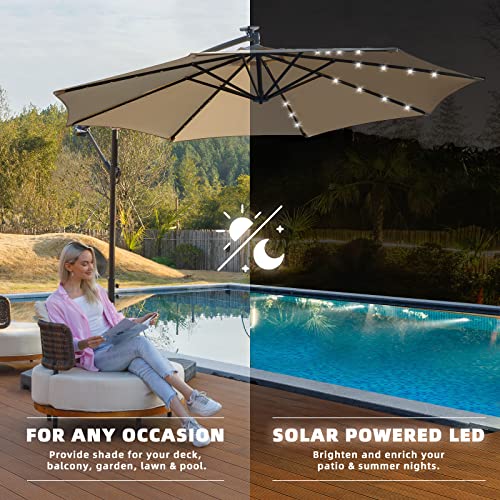 wikiwiki 10ft Solar LED Offset Hanging Market Patio Umbrella for Backyard, Poolside, Lawn and Garden,Easy Tilt Adjustment, Polyester Shade & Cross Base(Beige)