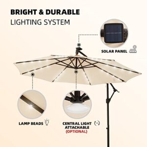 wikiwiki 10ft Solar LED Offset Hanging Market Patio Umbrella for Backyard, Poolside, Lawn and Garden,Easy Tilt Adjustment, Polyester Shade & Cross Base(Beige)